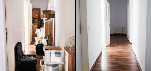 Unordnung und Durcheinander in einer Wohnung, vorher und nachher