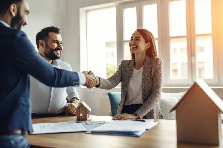 Ein Ehepaar, das einem Immobilienmakler nach dem Kauf eines Hauses die Hand schüttelt, zeigt den Stolz und die Aufregung, die mit dem Erwerb eines neuen Hauses verbunden sind