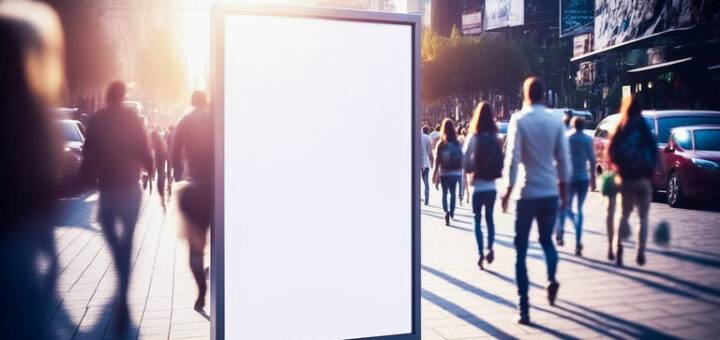 Vertikale weiße leere LED-Plakatwand Mockup in der Stadt. AI generative Werbebanner-Display in der Straße mit Menschenmenge zu Fuß in unscharfer Bewegung.