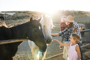 Glückliche Familie mit Pferd, die sich auf einem Bauernhof amüsiert