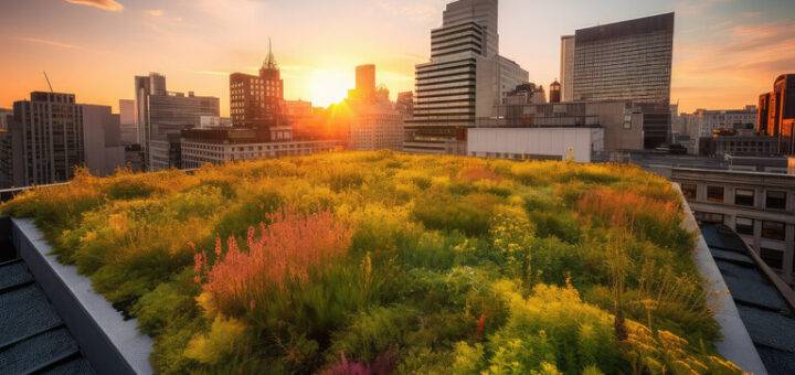ein begrünter Dachgarten auf einem Wolkenkratzer in einer großen Metropole bei Sonnenuntergang