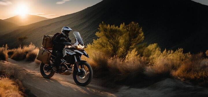 Auf einem Tourenduro-Motorrad auf einer Bergstraße im Sommer mit Packtaschen und einem Rucksack unterwegs sein