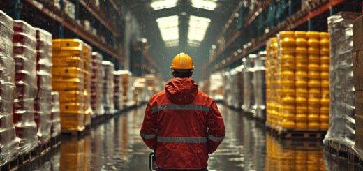 Arbeiter in einem Lager mit Paletten, das bei Regen durch ein wasserdichtes Lagerzelt geschützt ist