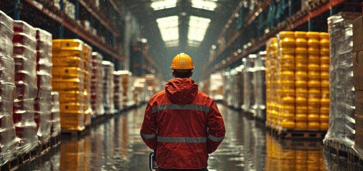 Arbeiter in einem Lager mit Paletten, das bei Regen durch ein wasserdichtes Lagerzelt geschützt ist