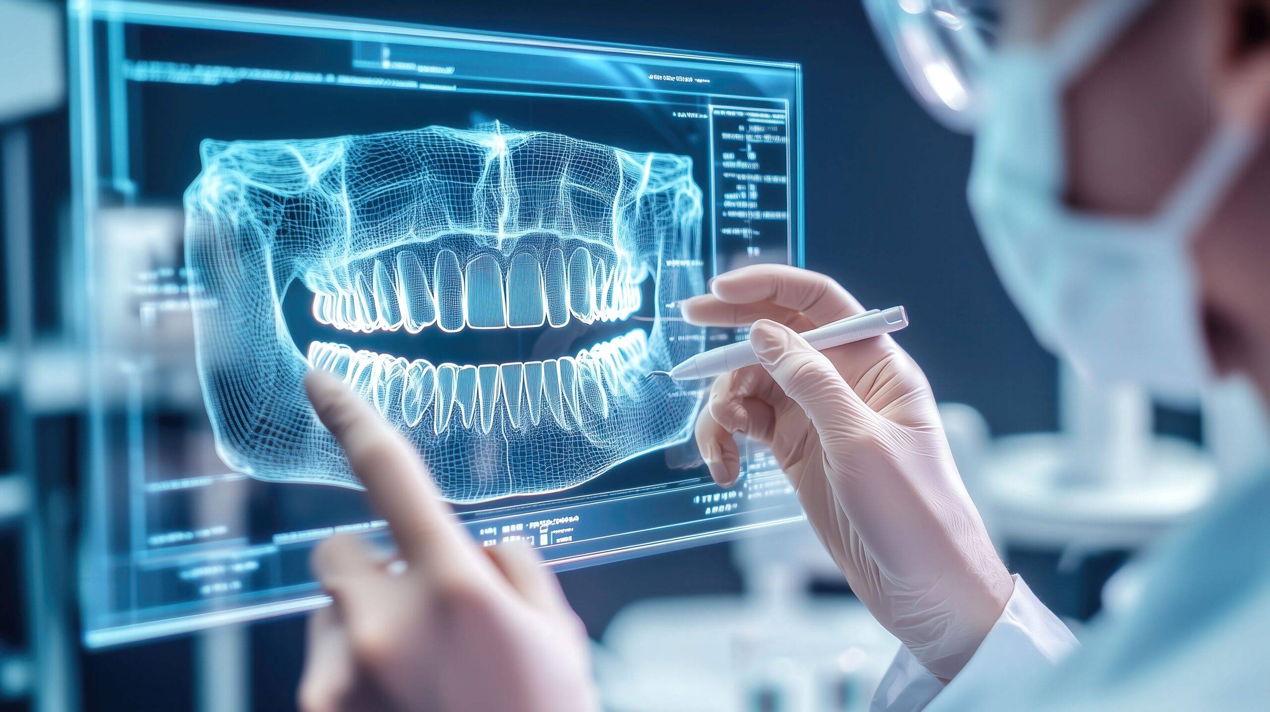 Zahnarzt analysiert ein digitales 3D-Röntgenbild eines Kiefers auf einem High-Tech-Bildschirm