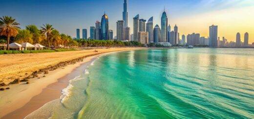 Jumeirah Beach Dubai: Sonnenverwöhnter Sand und türkisfarbenes Wasser - Atemberaubende Küstenszene der VAE