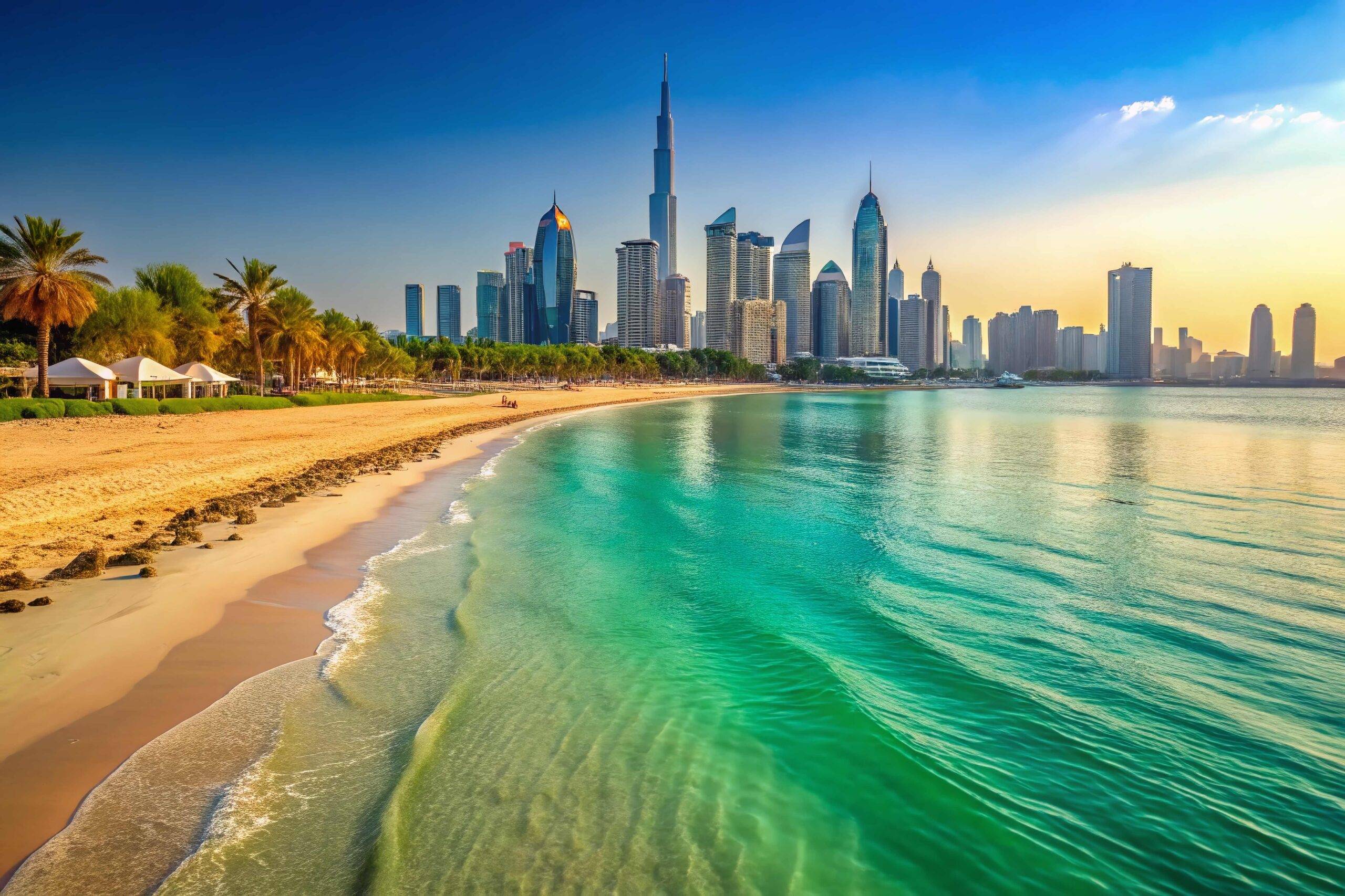 Jumeirah Beach Dubai: Sonnenverwöhnter Sand und türkisfarbenes Wasser - Atemberaubende Küstenszene der VAE