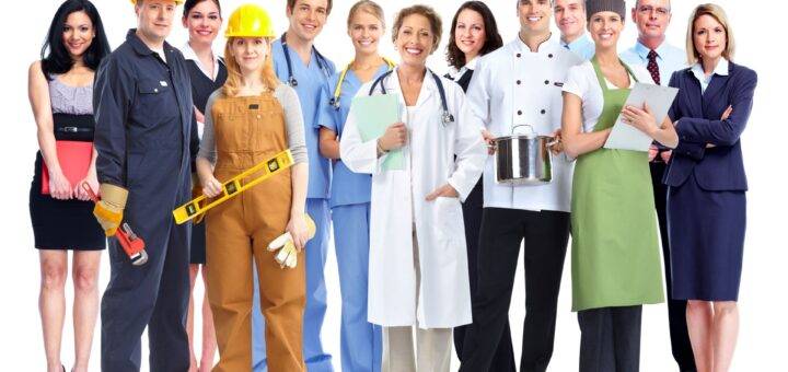 Menschen in unterschiedlichen Berufen mit typischer Arbeitskleidung