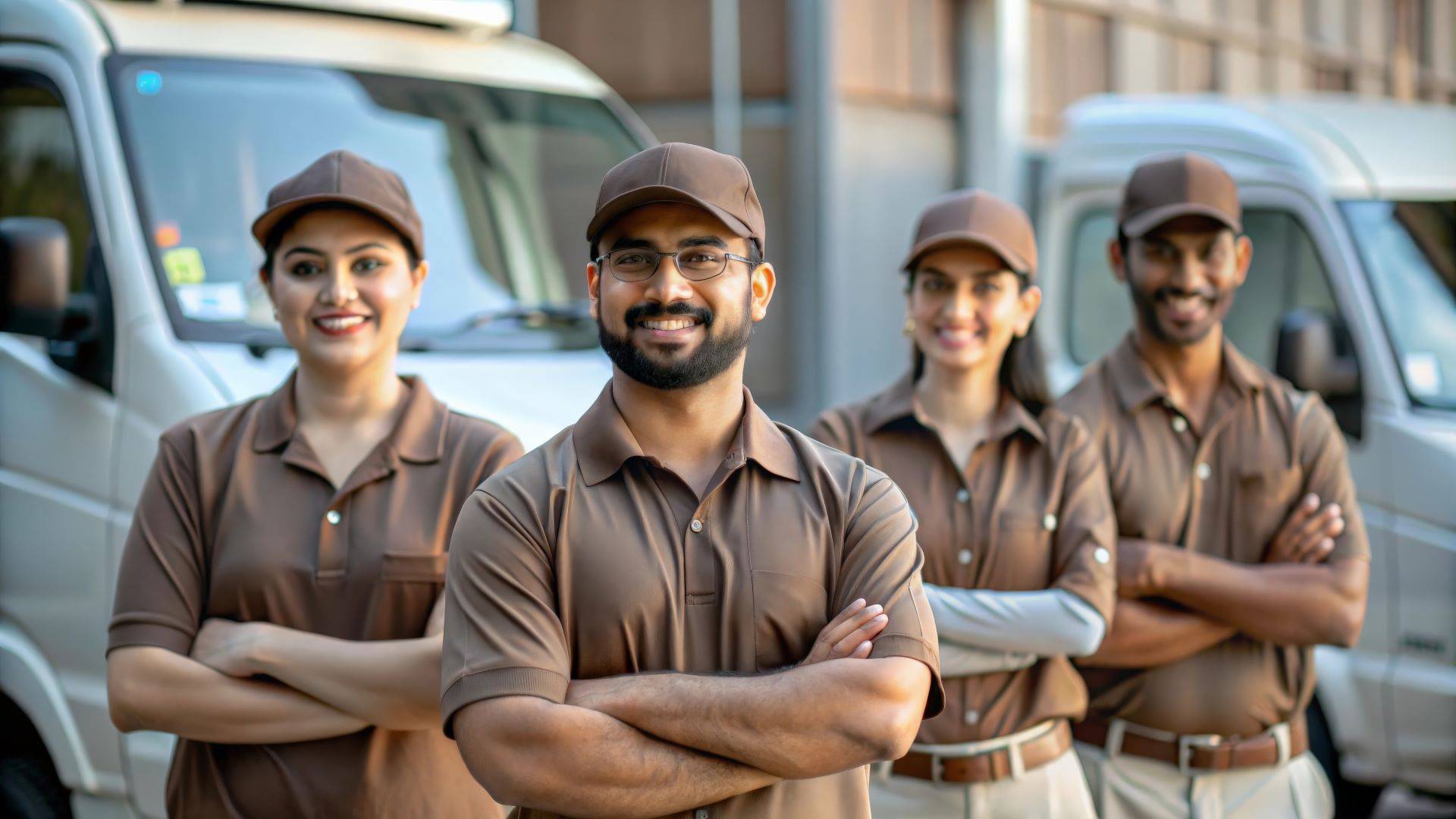 Lieferteam in einheitlicher Arbeitskleidung vor Transportern