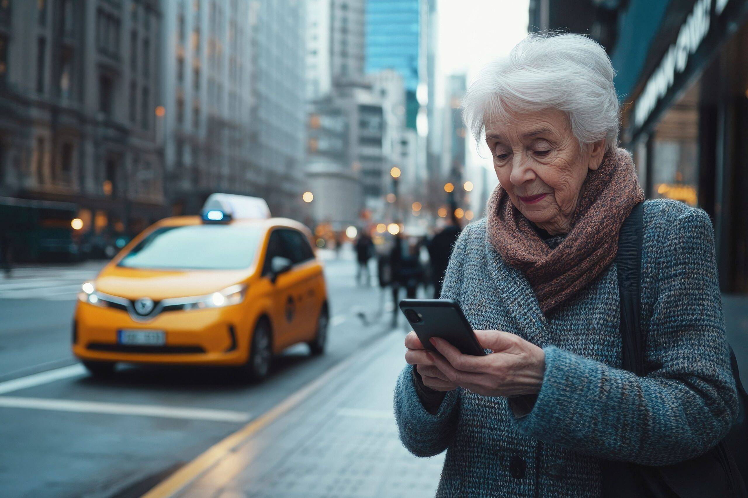 Taxifahrer Jobs: Seniorin bestellt ein Taxi per Smartphone in der Innenstadt