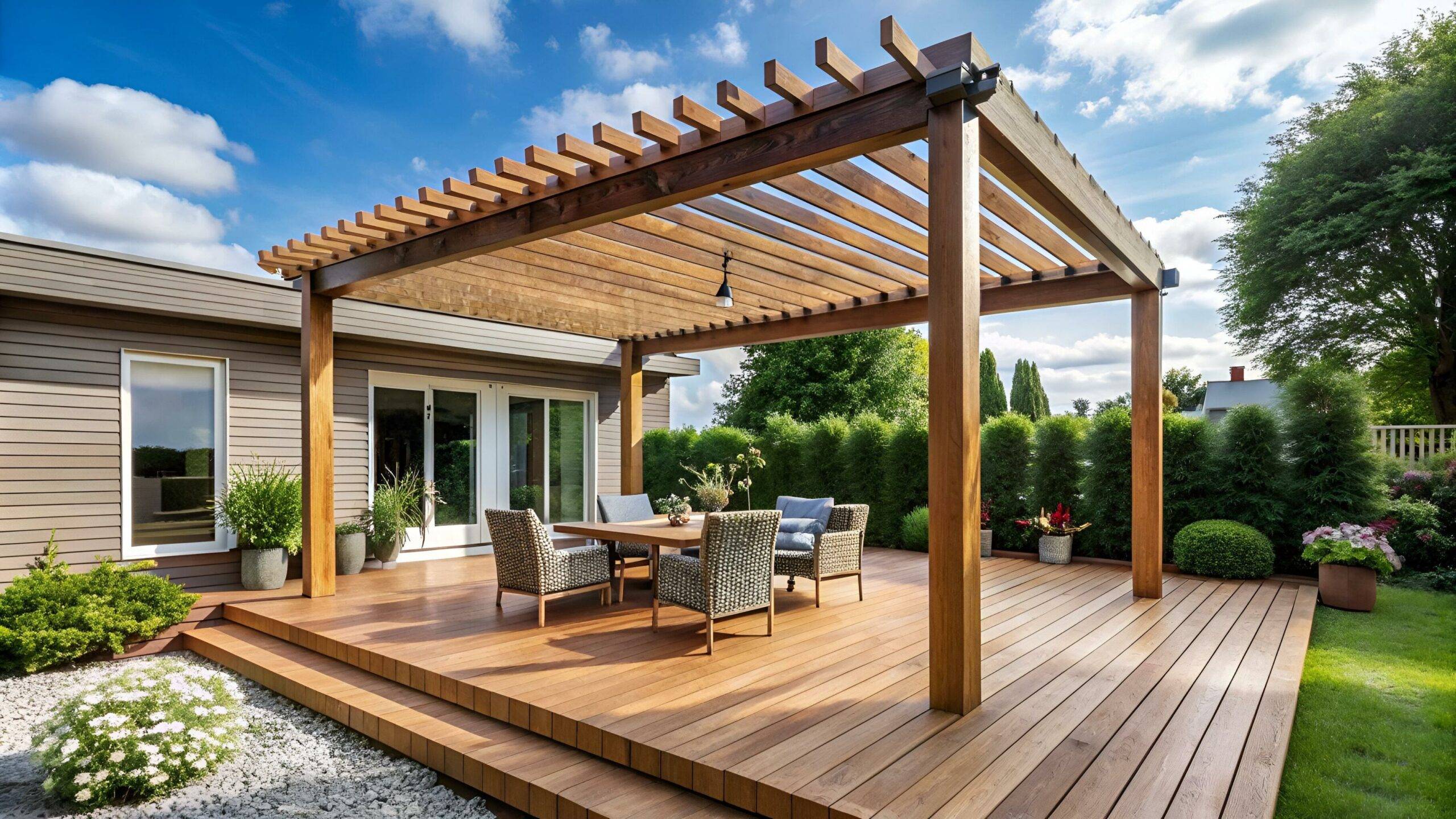 Hochwertige Terrasse mit Pergola und Gartenmöbeln für mehr Lebensqualität im Freien