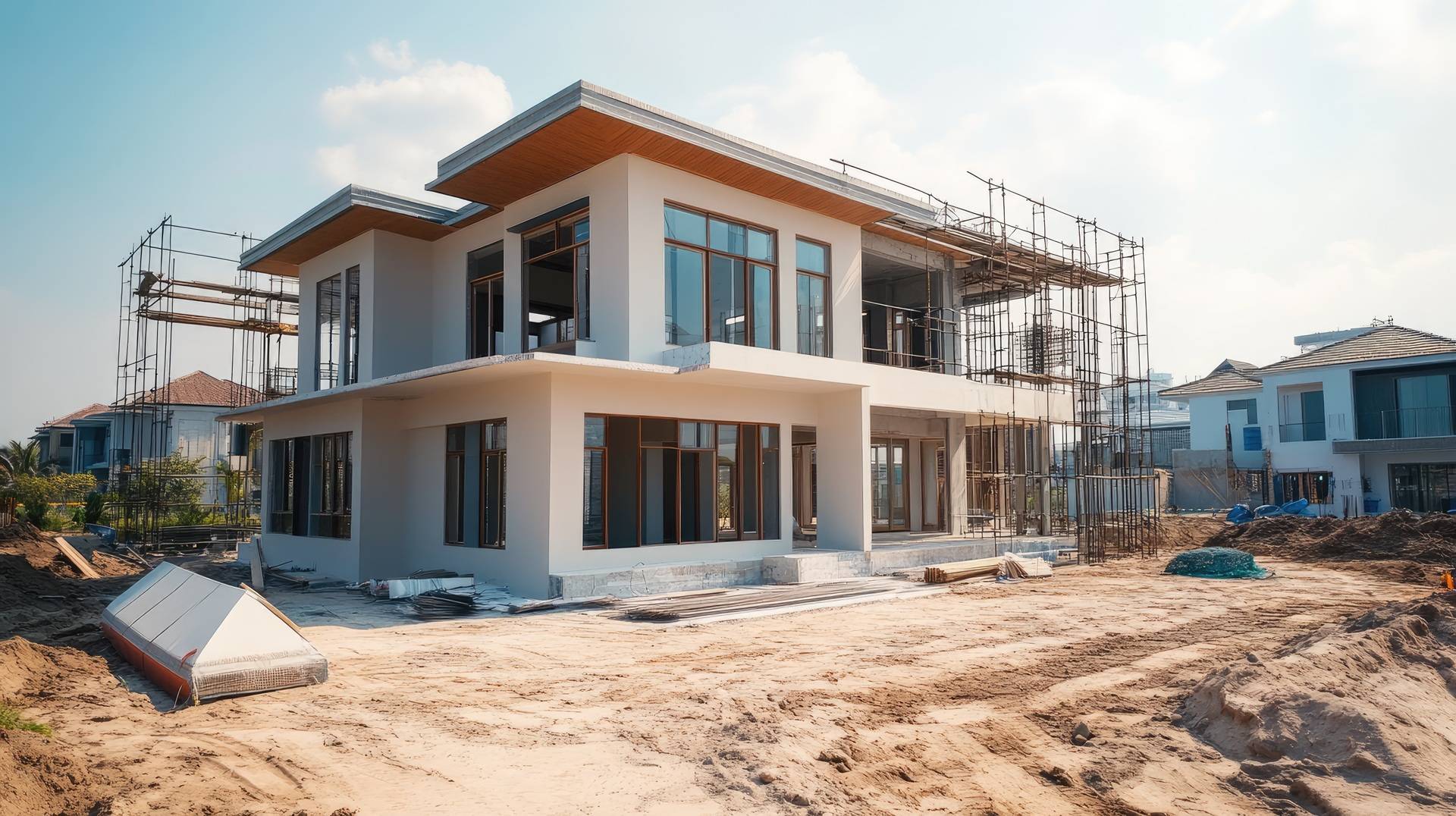 Haus im Rohbau mit Gerüsten und Umgebung | Asbest Freimessung 