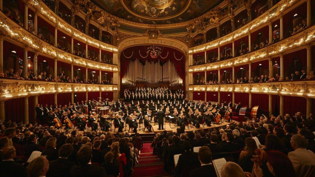 Innenansicht der Wiener Staatsoper während eines Konzerts – voller Saal, Orchester, elegante Atmosphaere