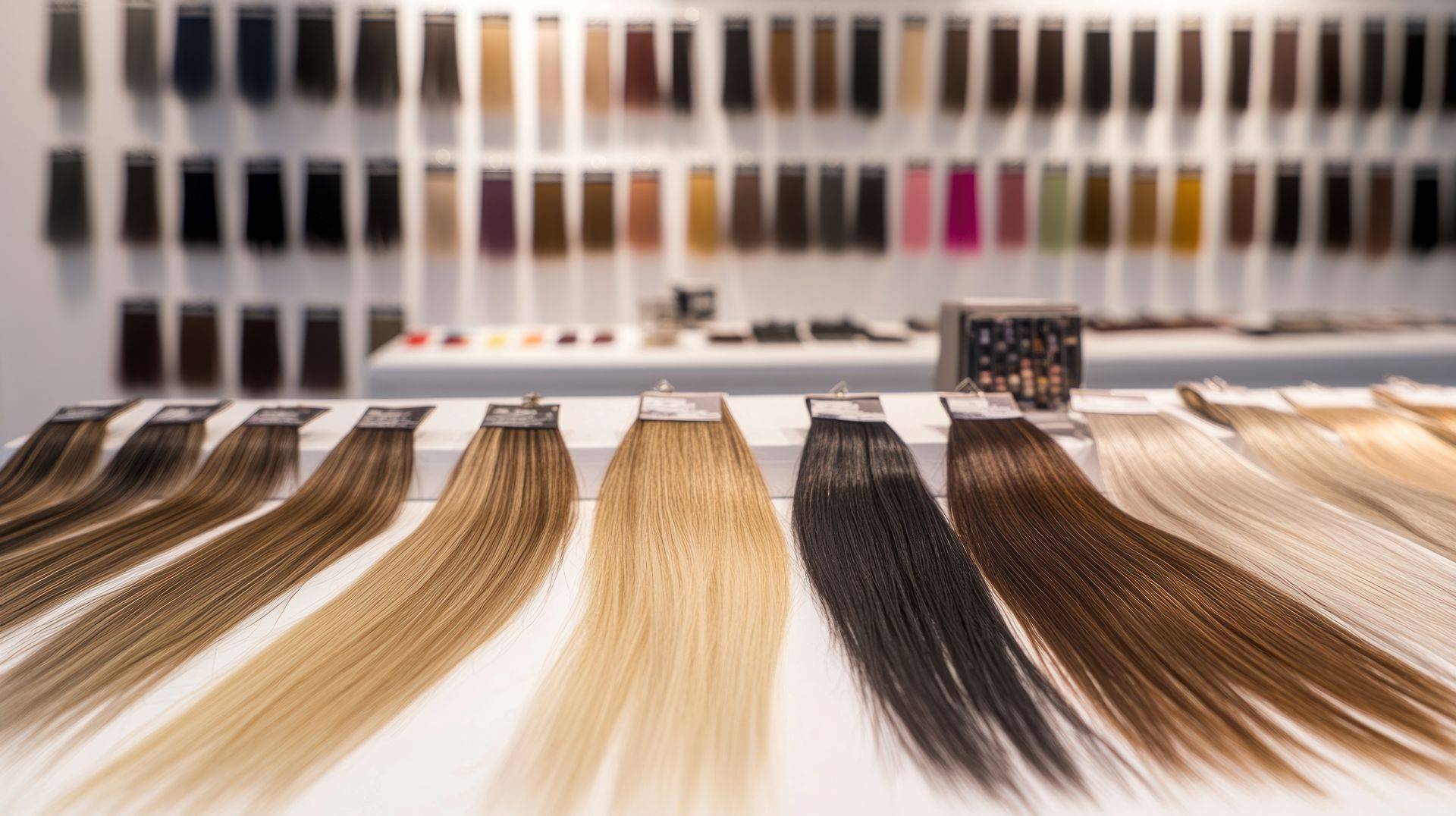 Auswahl hochwertiger Hair Extensions in verschiedenen Farben im Studio auf weisser Praesentationsflaeche