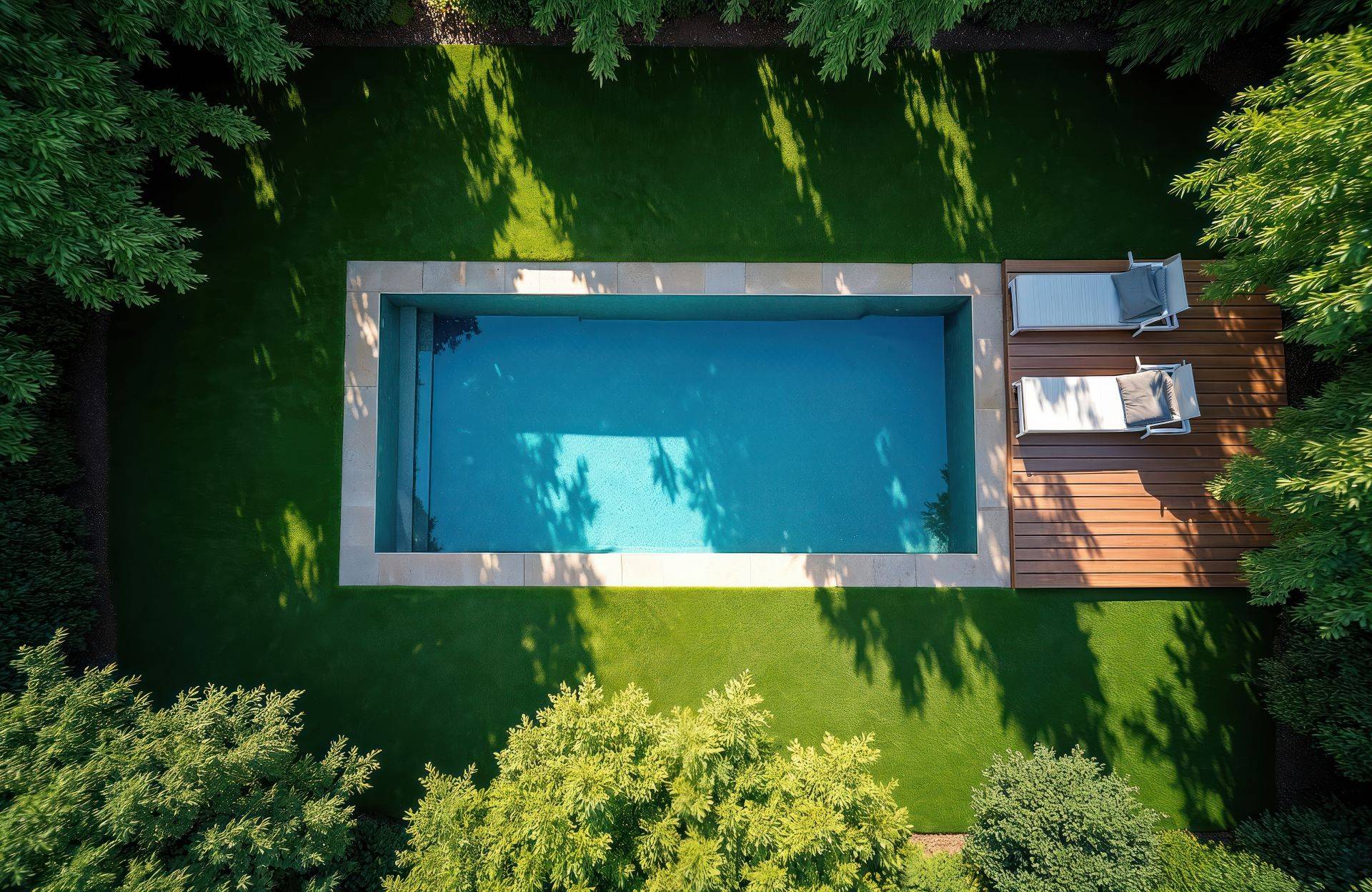 Luftaufnahme eines rechteckigen Pools mit Holzdeck und Liegen – Freizeit und Sport mit Gegenstromanlage Pool