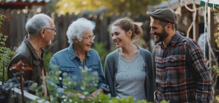 Vier Nachbarn unterhalten sich freundlich im Garten | Parkplatzsperre