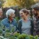 Vier Nachbarn unterhalten sich freundlich im Garten | Parkplatzsperre