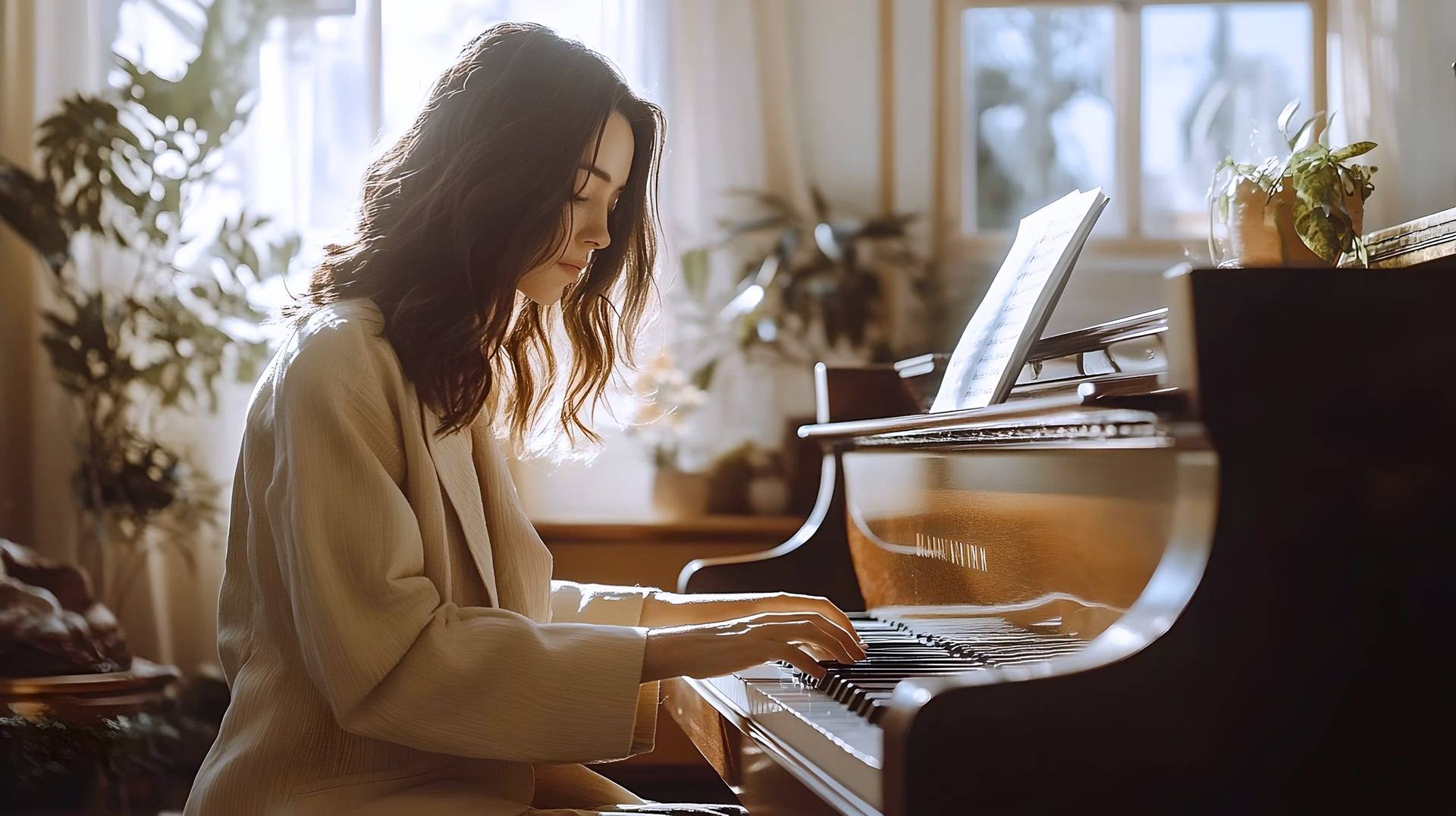 Frau spielt Klavier im sonnigen Raum | Akustikpaneel