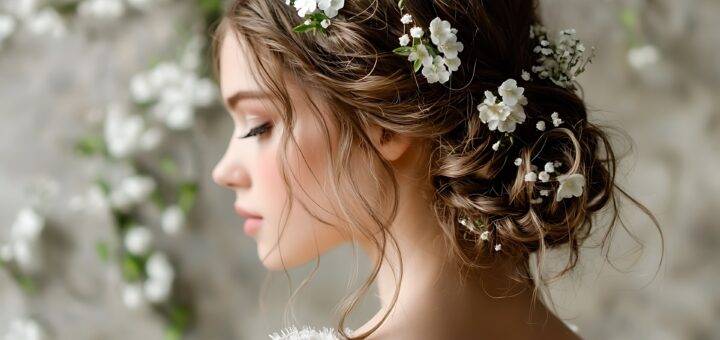 Detailaufnahme einer Brautfrisur mit weissen Blüten | Brautmode Hamburg