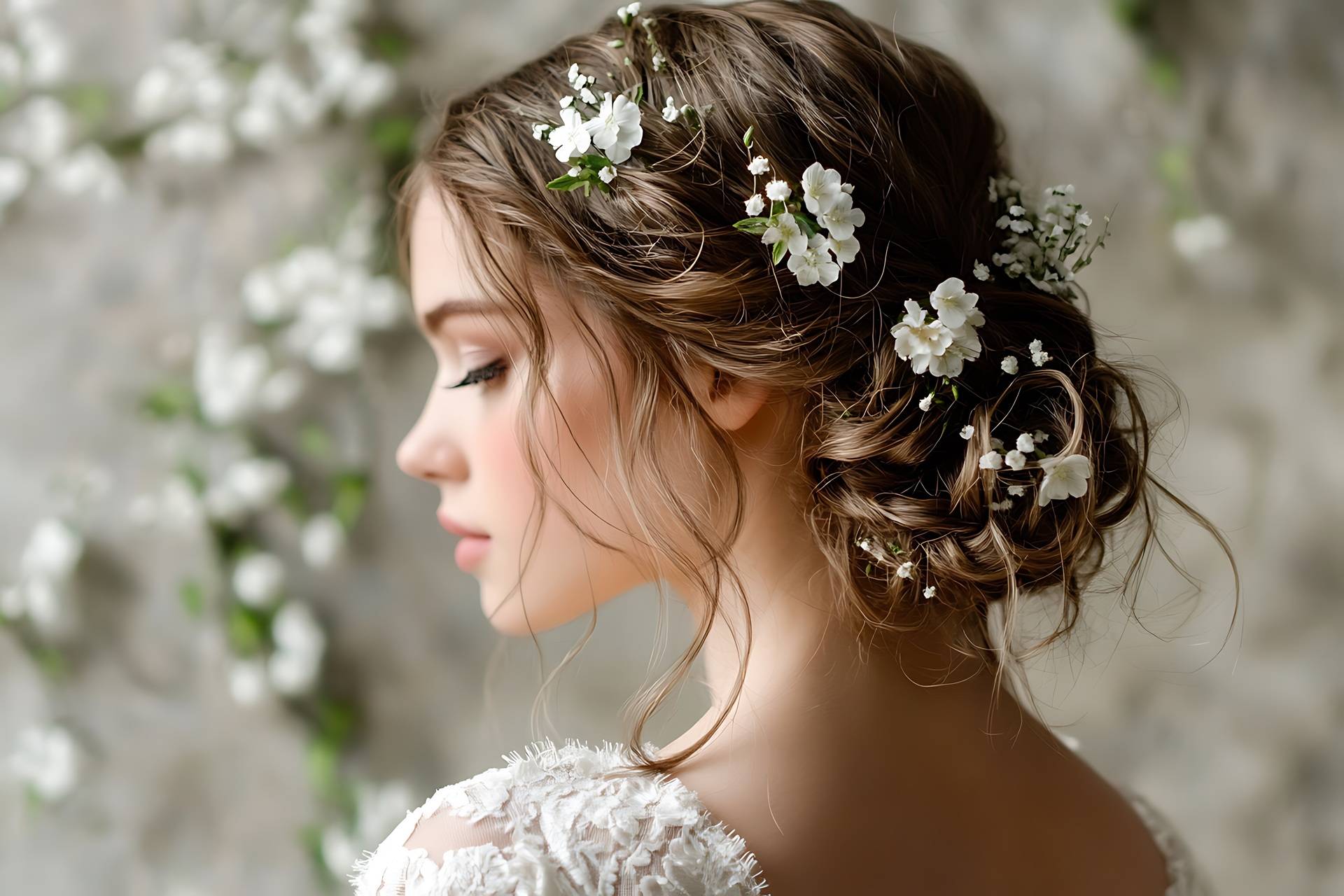 Detailaufnahme einer Brautfrisur mit weissen Blüten | Brautmode Hamburg